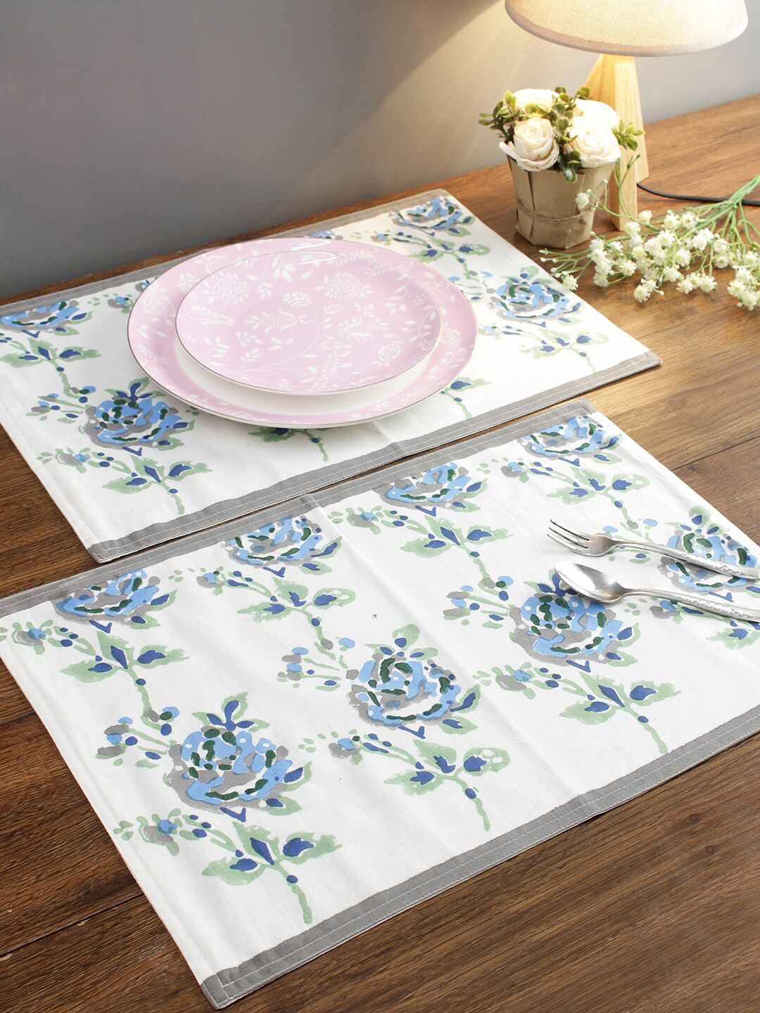 Rajasthan Decor Set Of 6 White & Blue Floral Printed Sustainable Table Placemats