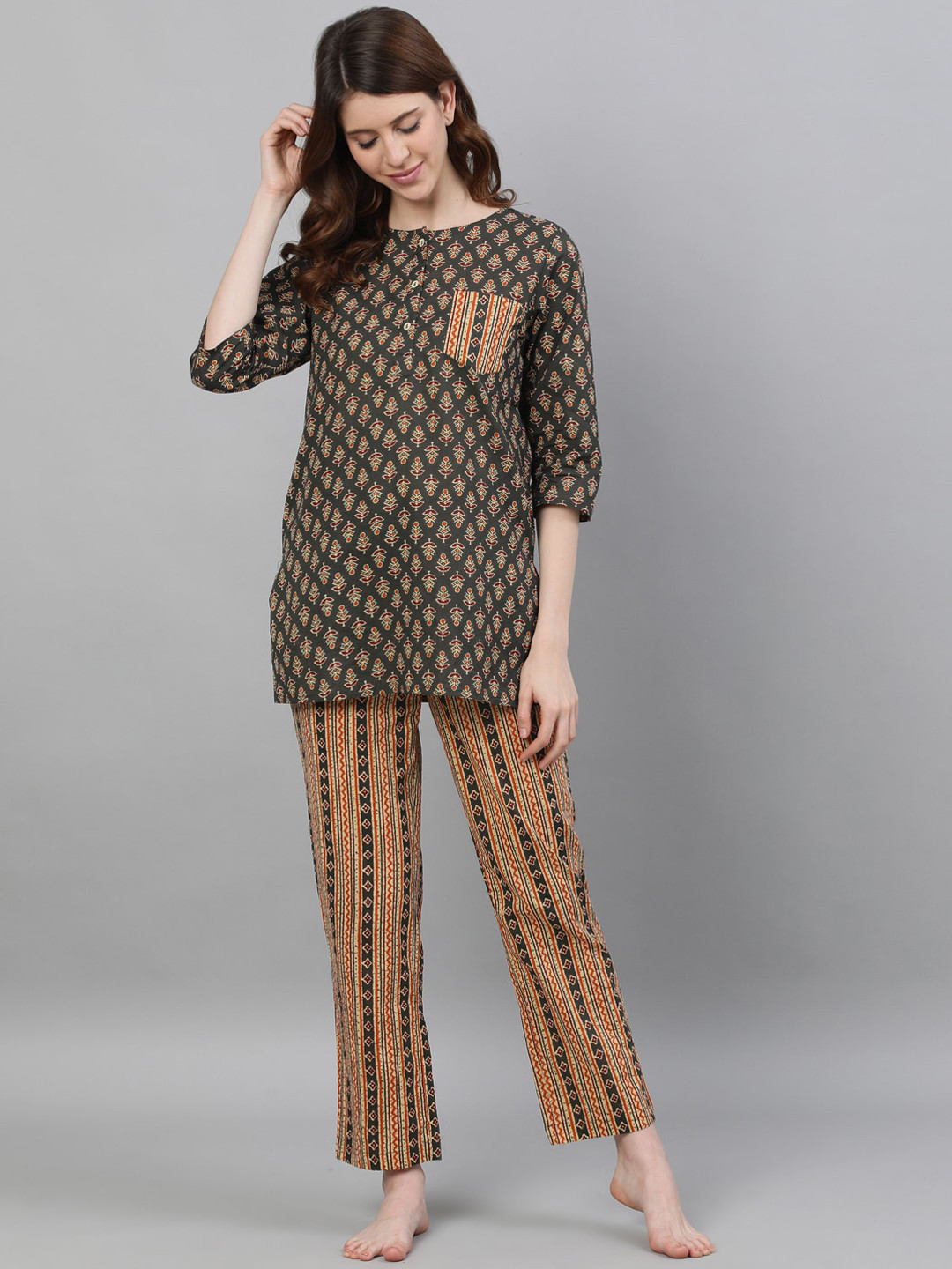 Jaipur Kurti Women Olive Green & Maroon Printed Night suit