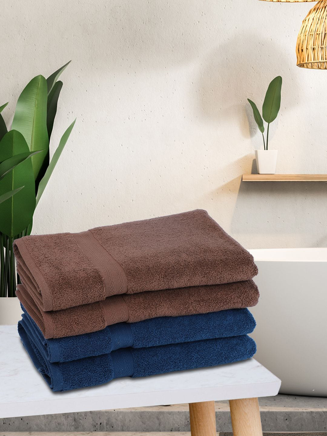BIANCA Set Of 4 Blue & Brown Solid 500 GSM Cotton Bath Towels