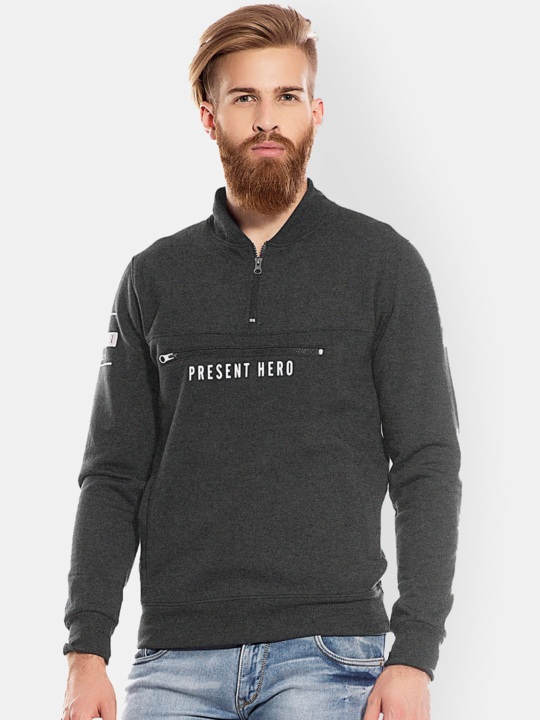 Maniac Men Charcoal Grey Solid Cotton Sweatshirt