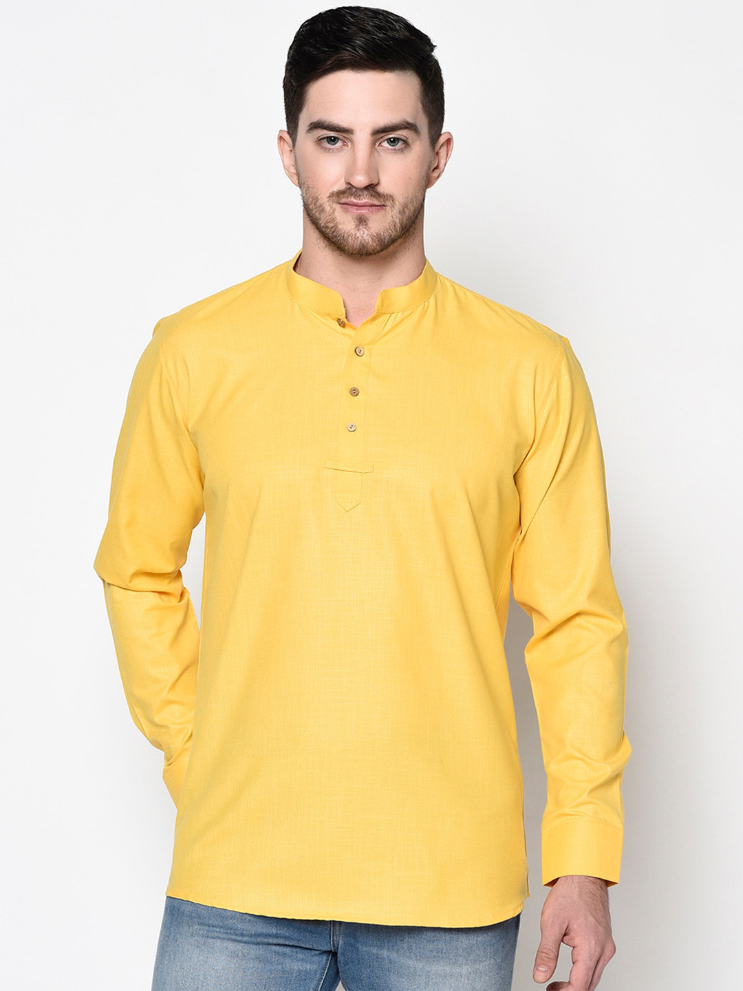 Tabard Men Yellow Mandarin Collar Straight Short Cotton Kurta