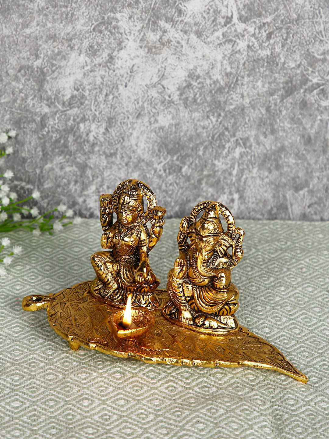 CraftVatika Lakshmi Ganesh Diya Oil Lamp Gold Metal Metallic Prayer Room Lights Medium Showpiece - 8 Inches