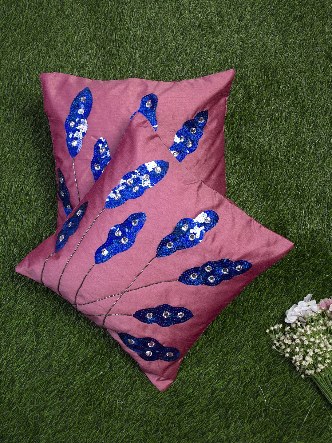 Alina decor Pink & Blue Set of 2 Embellished Square Cushion Covers