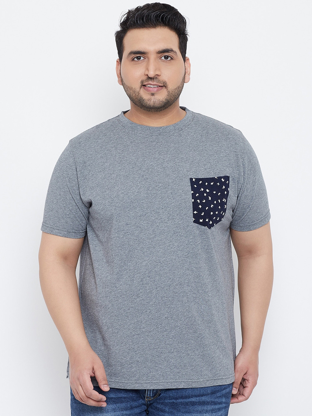 bigbanana Men Plus Size Grey Solid Round Neck T-shirt