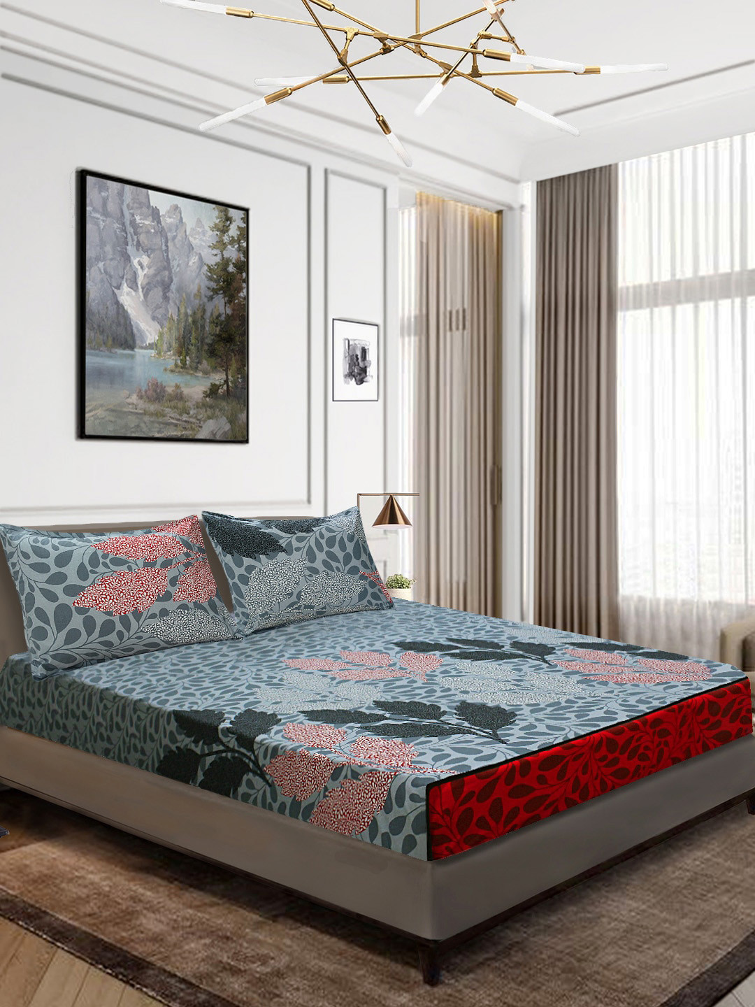 Aura Grey & Green Floral 144 TC Cotton 1 King Bedsheet with 2 Pillow Covers