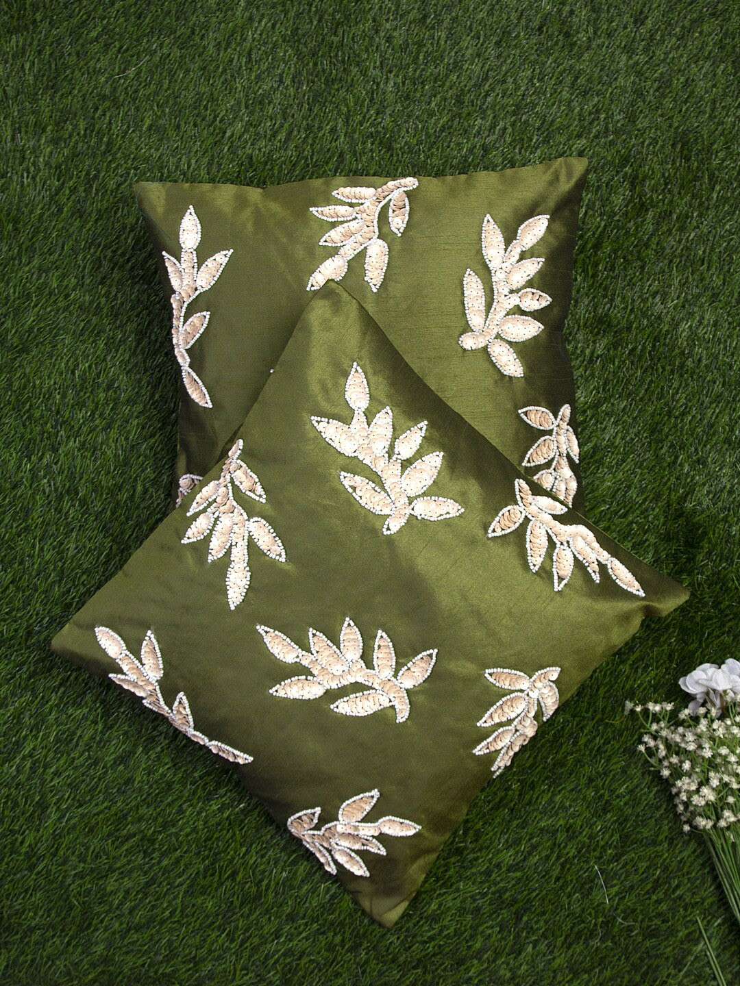 Alina decor Olive Polyester Washable 2 Piece Embellished Square Cushion Covers -16x16In