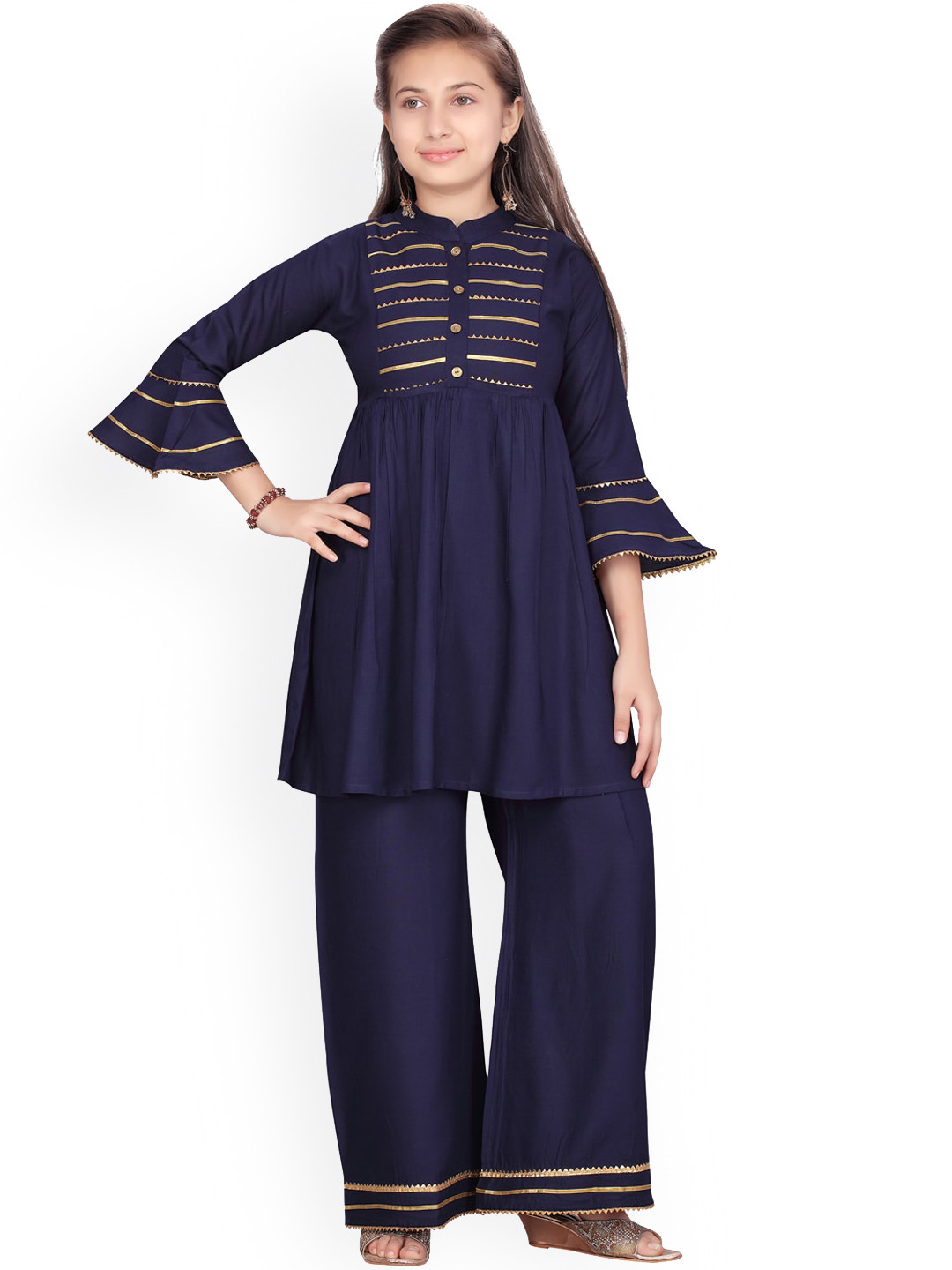 Aarika Girls Navy Blue & Gold-Toned Yoke Design Kurta with Palazzos