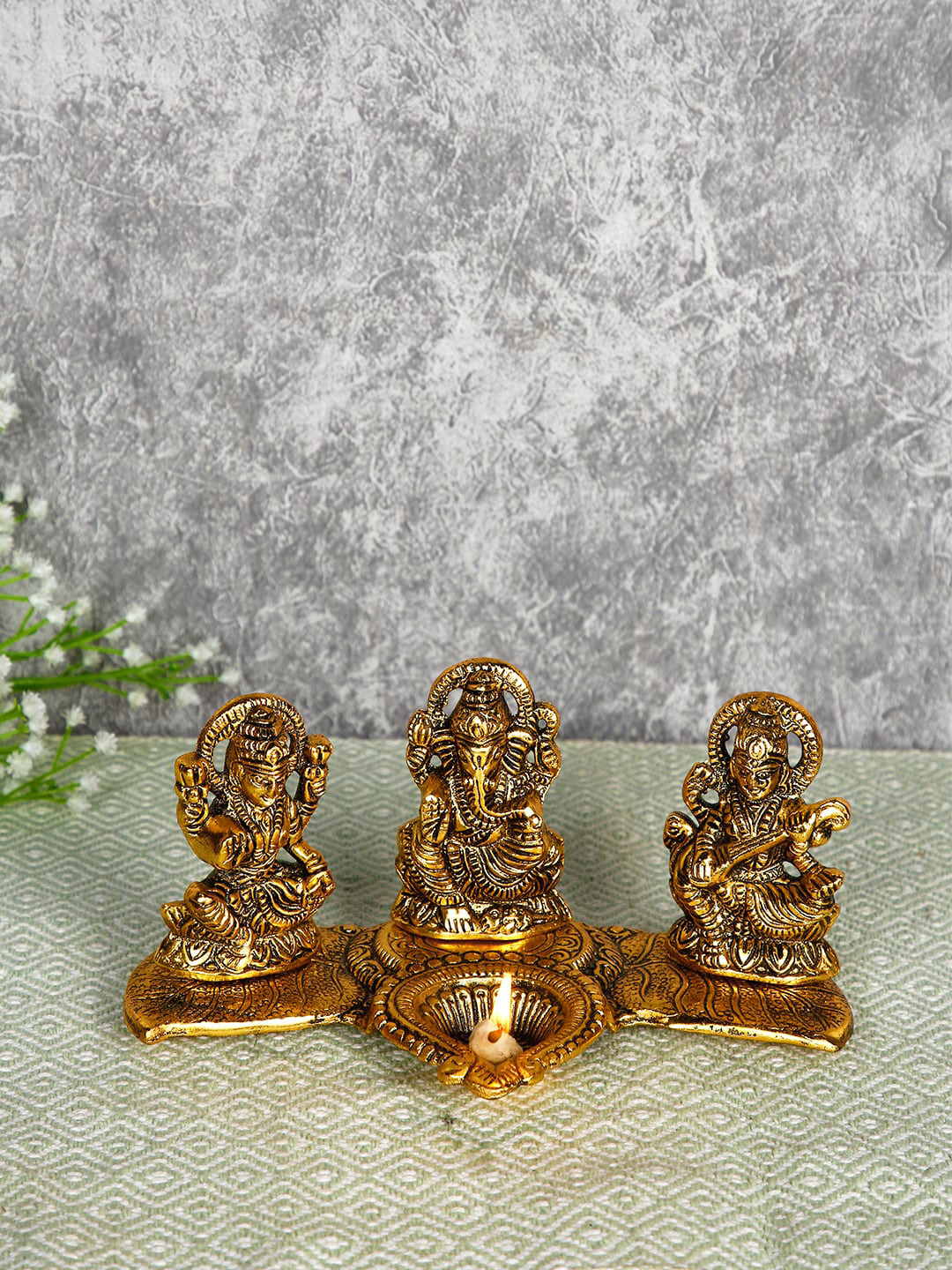 CraftVatika Lakshmi Ganesha Saraswati with Diya Gold Metal Metallic Prayer Room Small Showpiece - 4 Inches