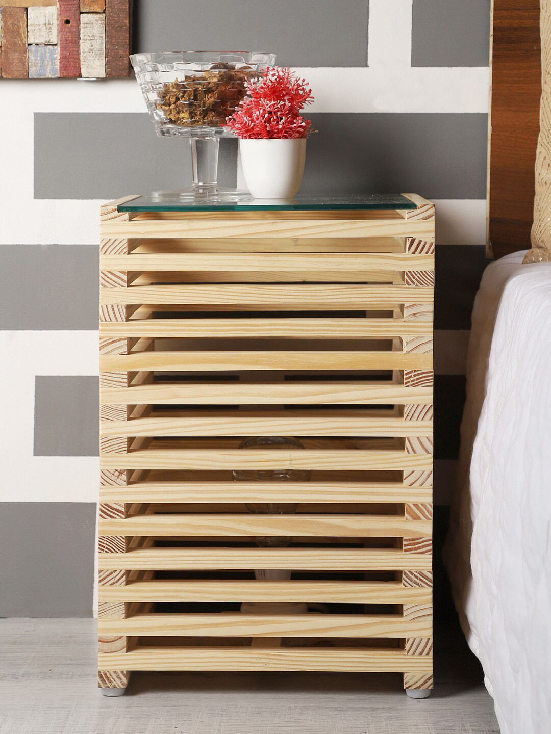 EXIM DECOR Brown Wooden Night Stand Cum End Table Shelf Lamp