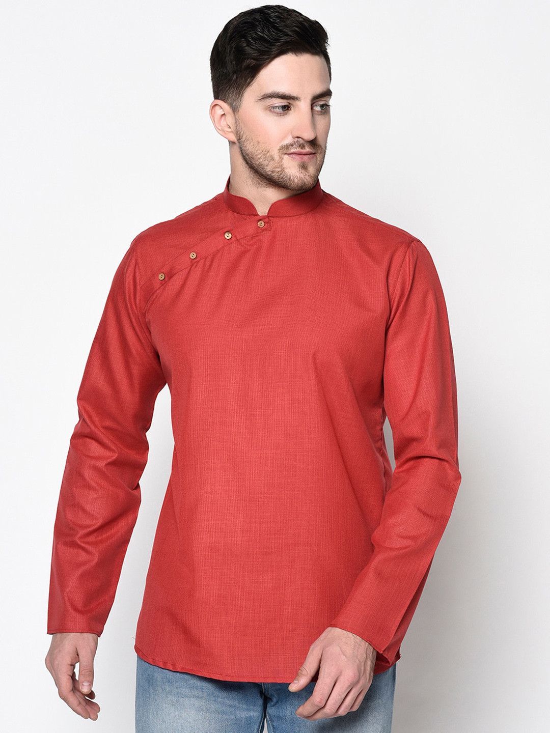 Tabard Men Red Cotton Solid Kurta