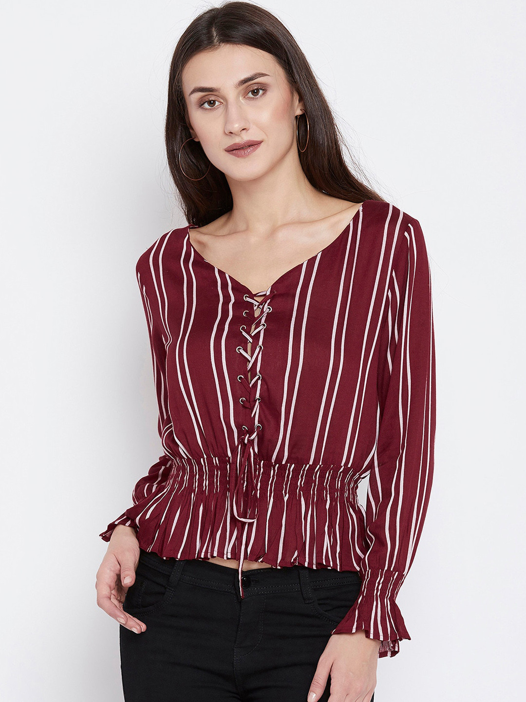 Zastraa Maroon & Off-White Striped Bell Sleeves Cinched Waist Top