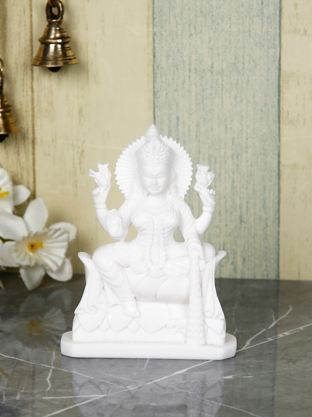 CraftVatika Goddess Lakshmi White Marble Glossy Prayer Room Small Showpiece - 5 Inches