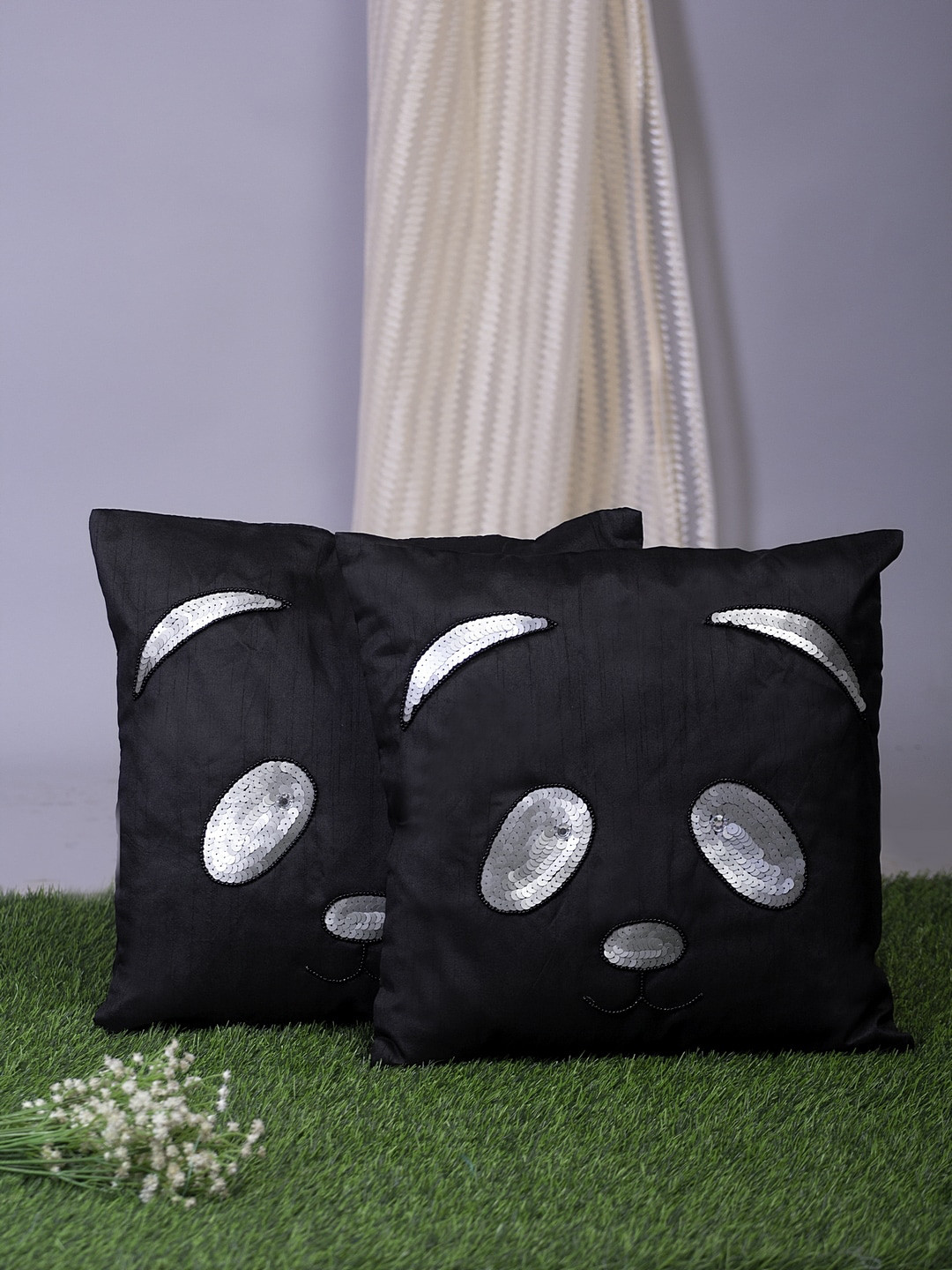 Alina decor Black Embellished Polyester Silk Washable 2 Pcs Square Cushion Covers -16x16In