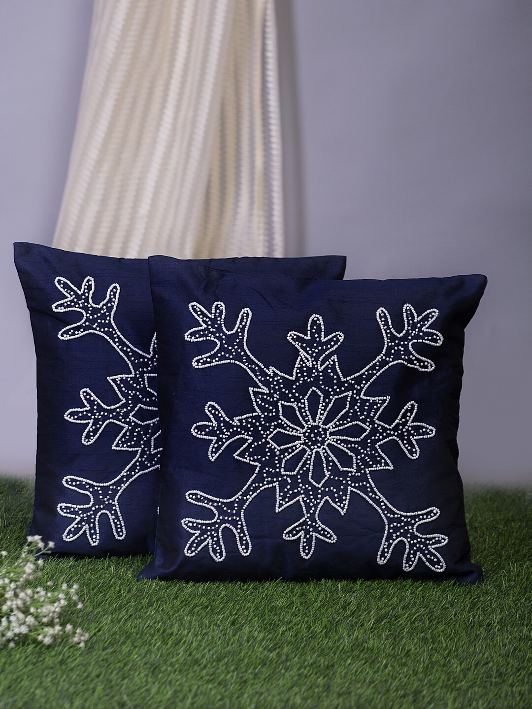 Alina decor Floral Polyester Handcrafted 2 Pcs Embellished Cushion Covers -15.7x15.7In