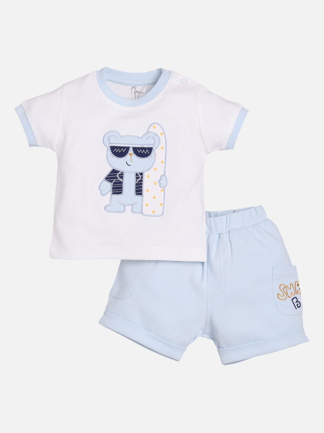 BABY GO Boys White & Blue Printed T-shirt with Shorts