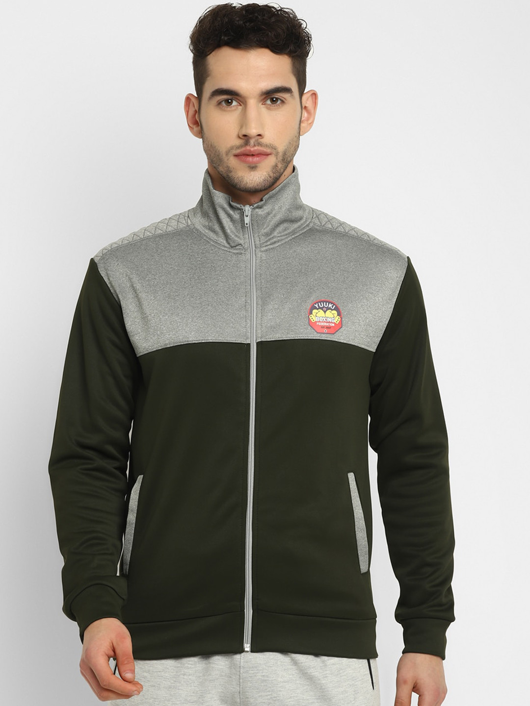 Yuuki Men Olive Green & Grey Colourblocked Sporty Jacket