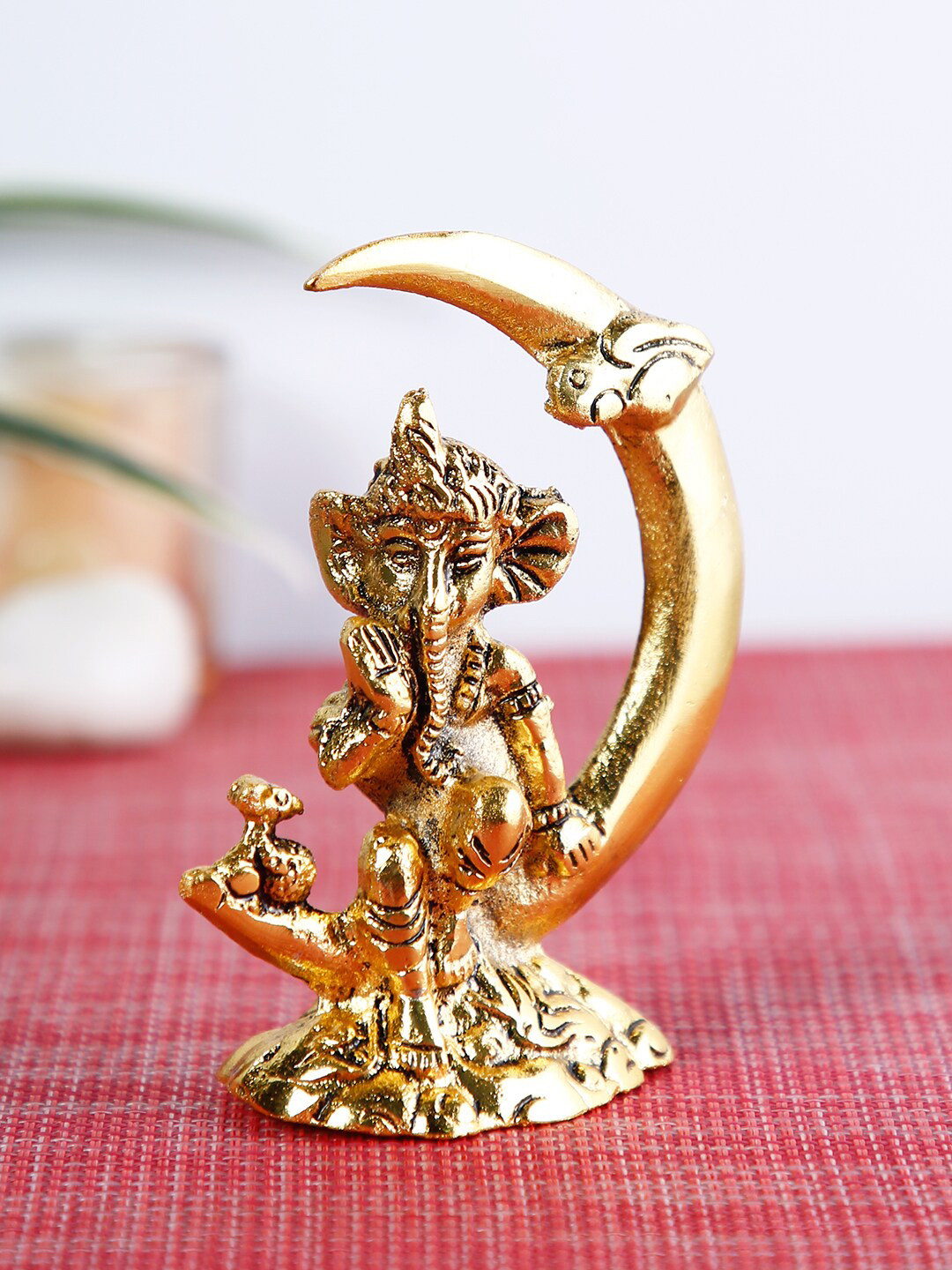 CraftVatika Ganesh Sitting on Moon Gold Metal Metallic Prayer Room Small Showpiece - 4.5 Inches