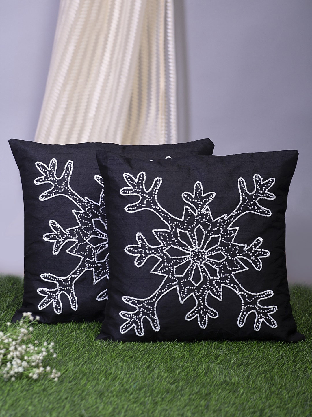 Alina decor Black Polyester Washable 2 Piece Embellished Square Cushion Covers -16x16In