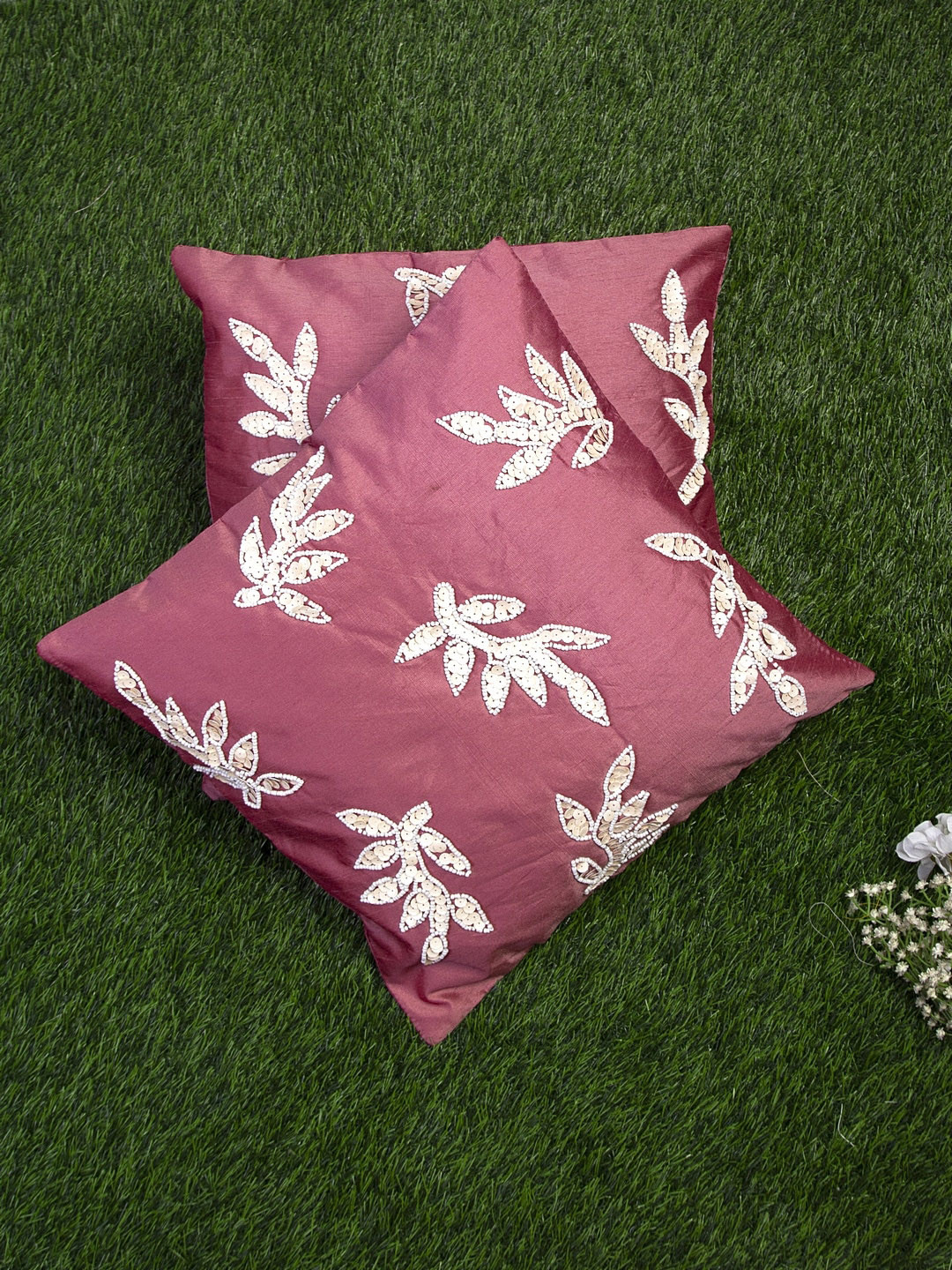 Alina decor Pink & White Set of 2 Embellished Square Cushion Covers