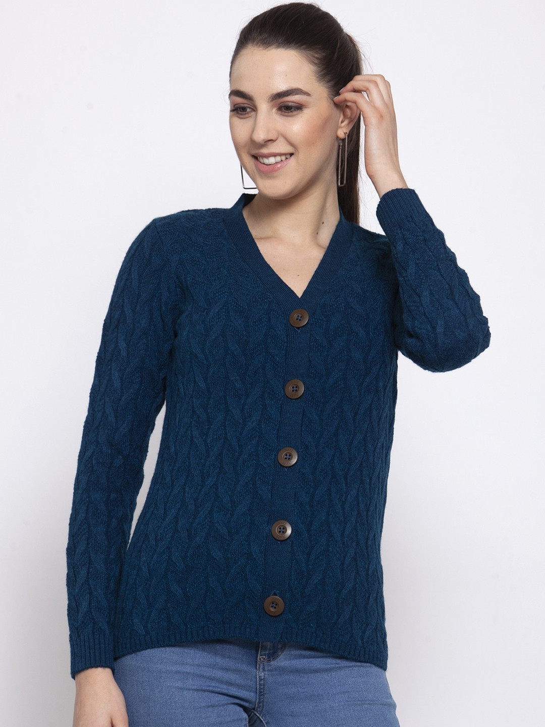 Kalt Women Teal Blue Self Design Cardigan Sweater