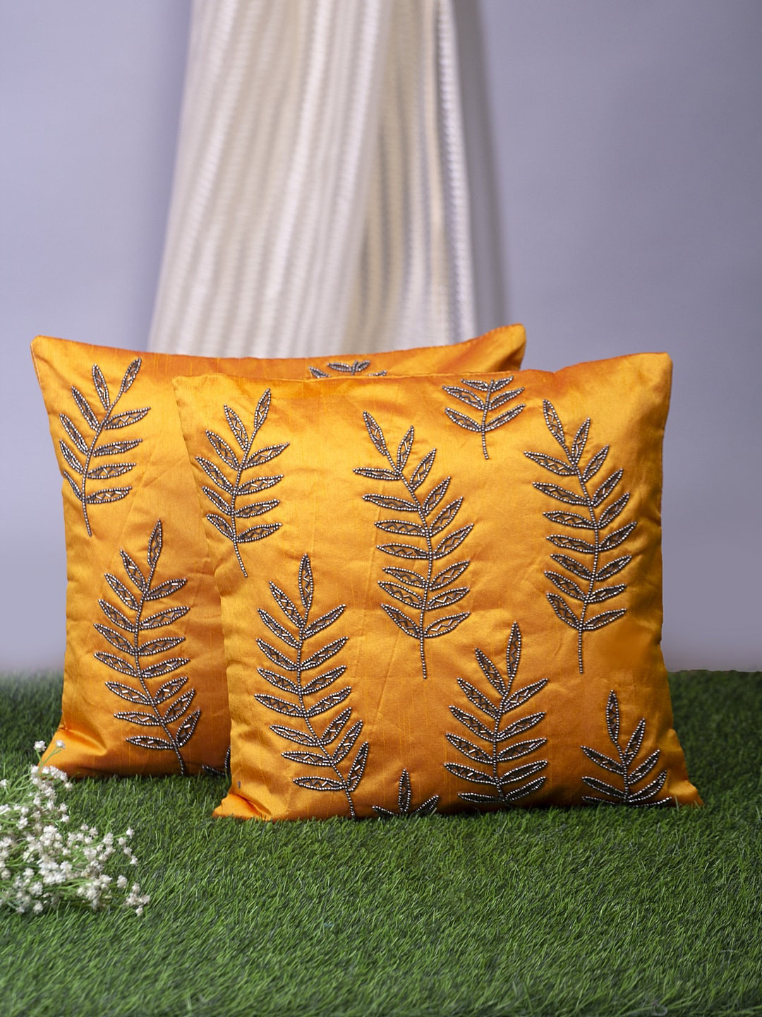 Alina decor Mustard & Gunmetal-Toned Set of 2 Embroidered Square Cushion Covers