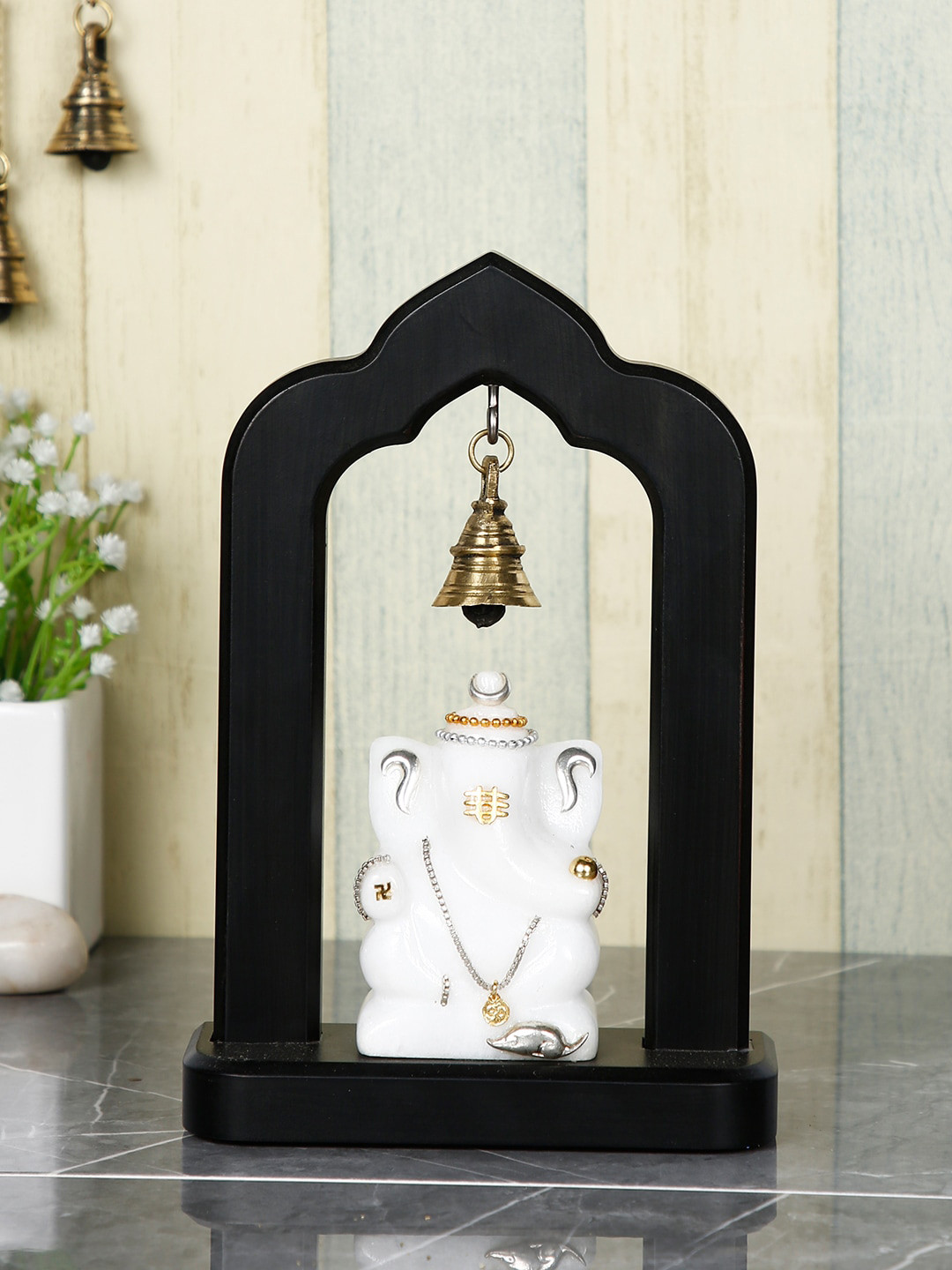 CraftVatika White & Black Lord Ganesh Idol Statue with Hanging Bells Showpiece