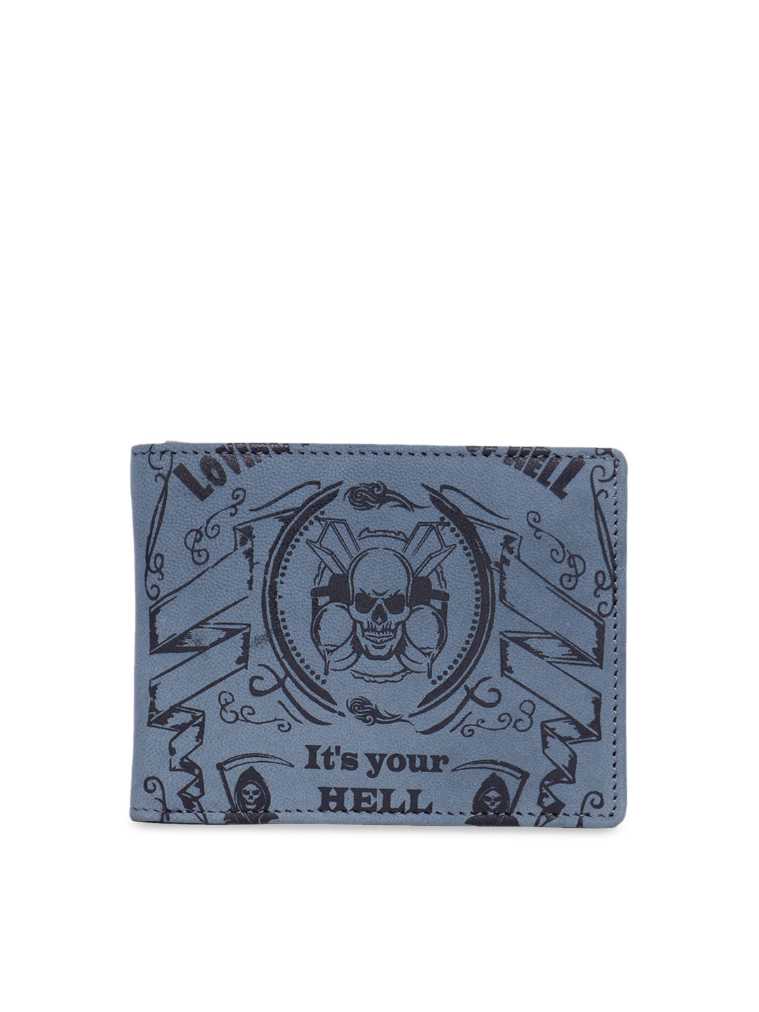 Leather Zentrum Men Grey & Black Printed Two Fold Leather Wallet