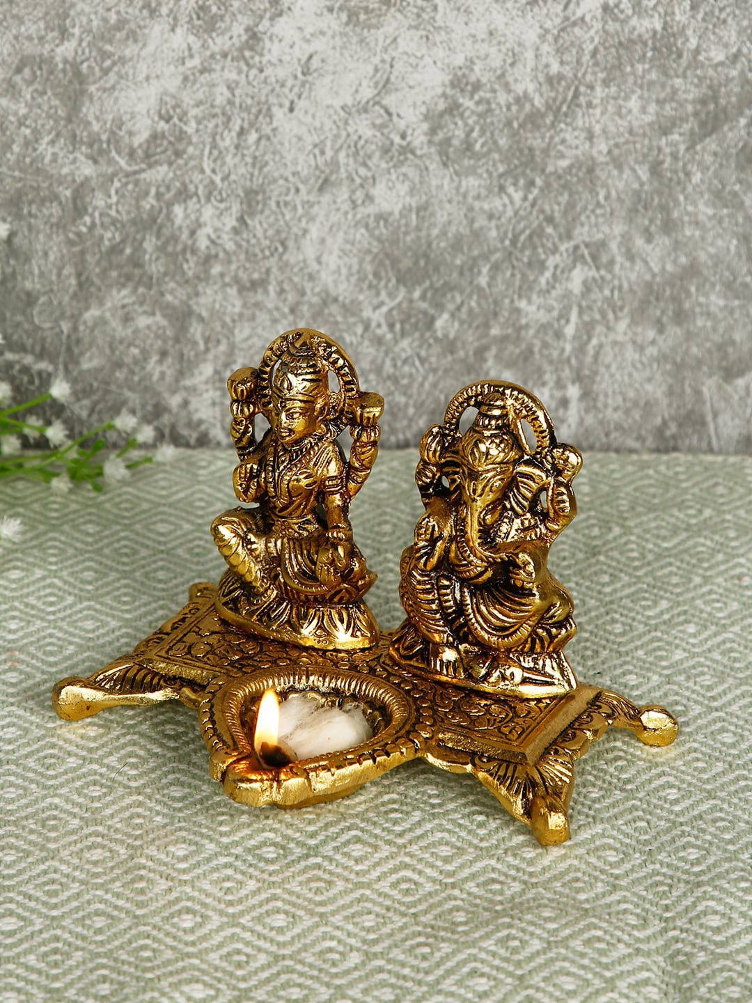 CraftVatika Laxmi Ganesh Gold Metal Metallic Prayer Room Small Showpiece - 3.5 Inches