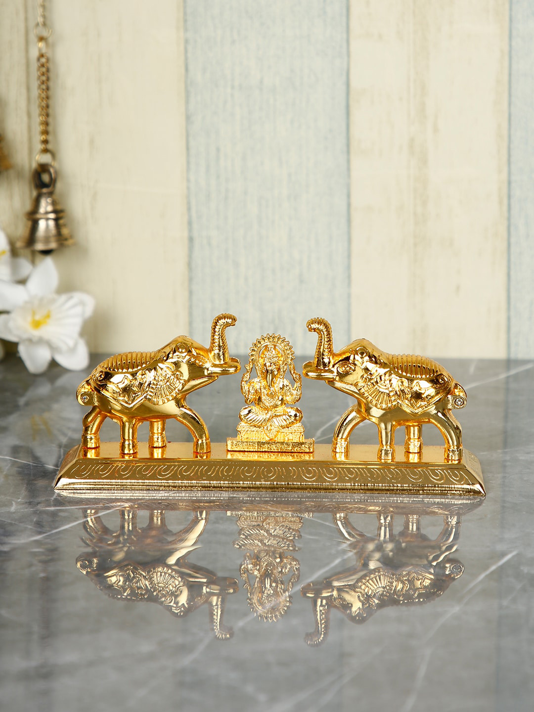 CraftVatika Ganesha with Roli Kumkum Chawal Box Gold Aluminium Metallic Prayer Room Medium Showpiece - 3 Inches