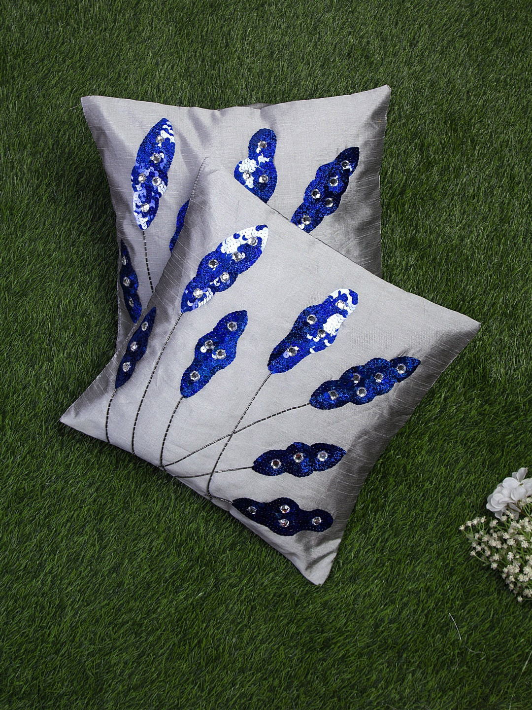 Alina decor Grey & Blue Set of 2 Embellished Square Cushion Covers