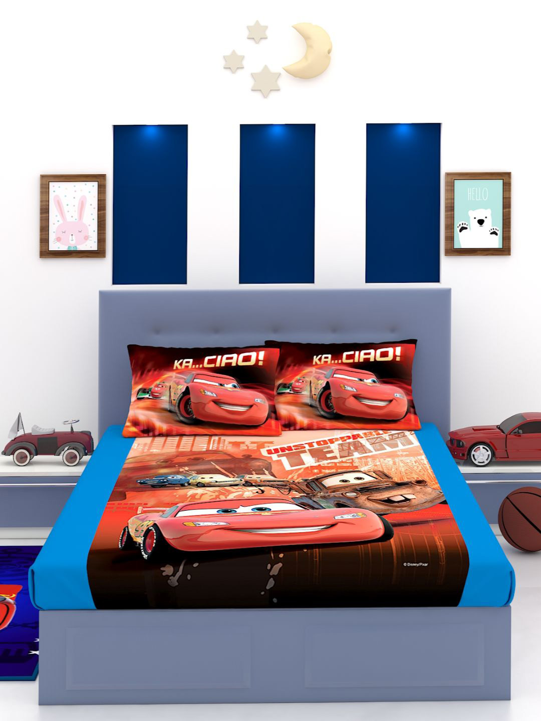 Disney Red & Blue Disney Cars 180 TC Cotton 1  King Bedsheet with 2 Pillow Covers