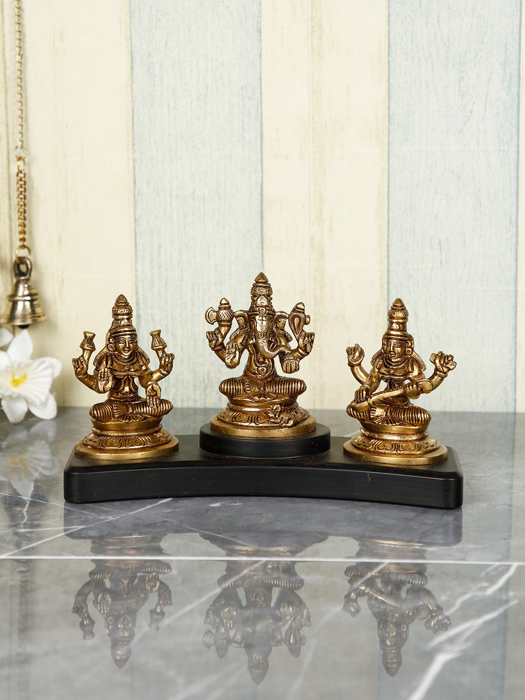 CraftVatika Laxmi Ganesh Saraswati Gold Wood Natural Prayer Room Medium Showpiece - 4.5 Inches