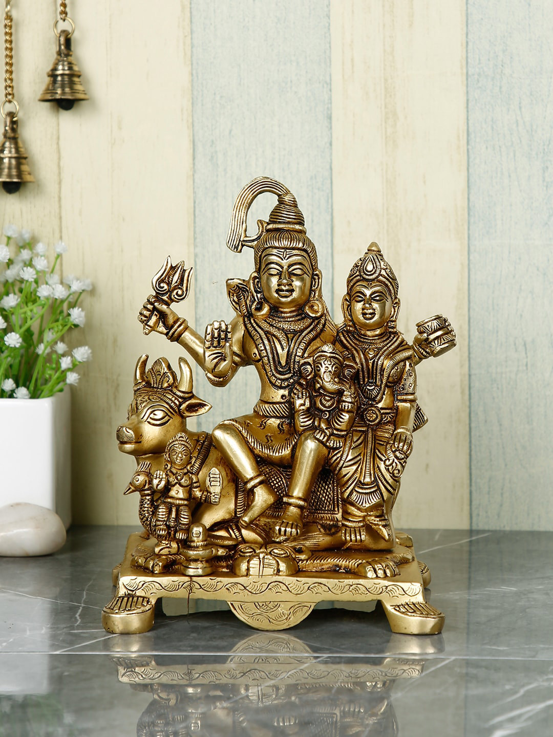 CraftVatika Shiva Family Gold Brass Metallic Prayer Room Small Showpiece - 8 Inches