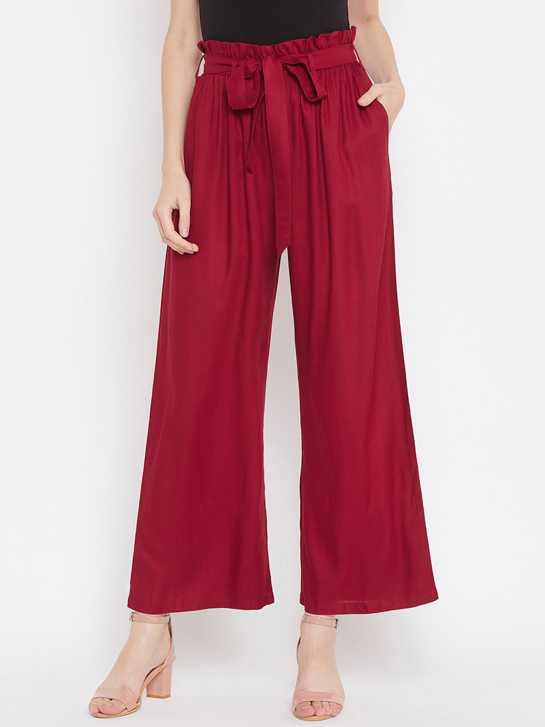 Zastraa Women Maroon Solid Wide Leg Palazzos