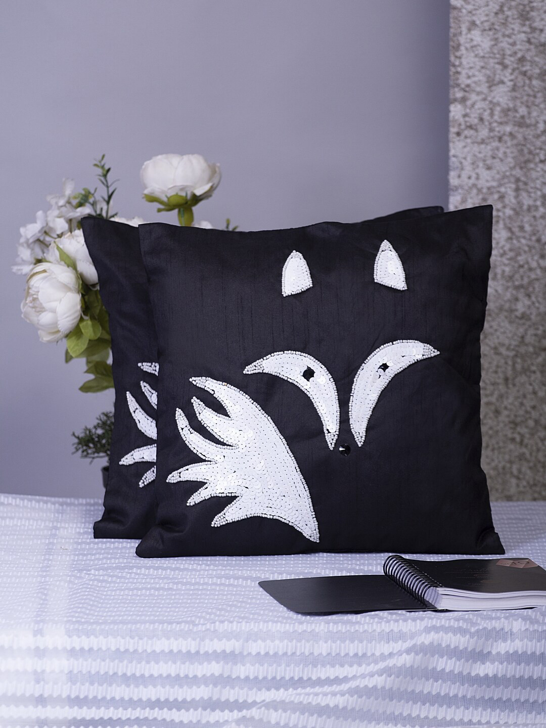 Alina decor Black Graphic Polyester Washable 2 Pcs Embellished Cushion Covers -16x16In