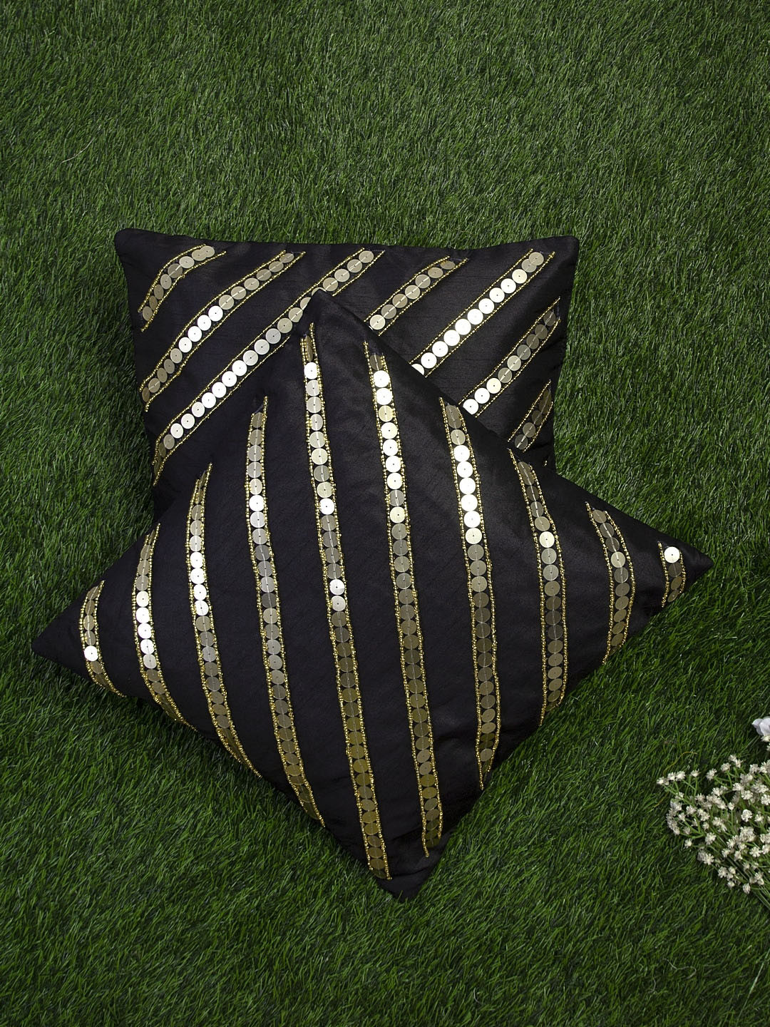 Alina decor Black Polyester Washable 2 Piece Embellished Square Cushion Covers -16x16In