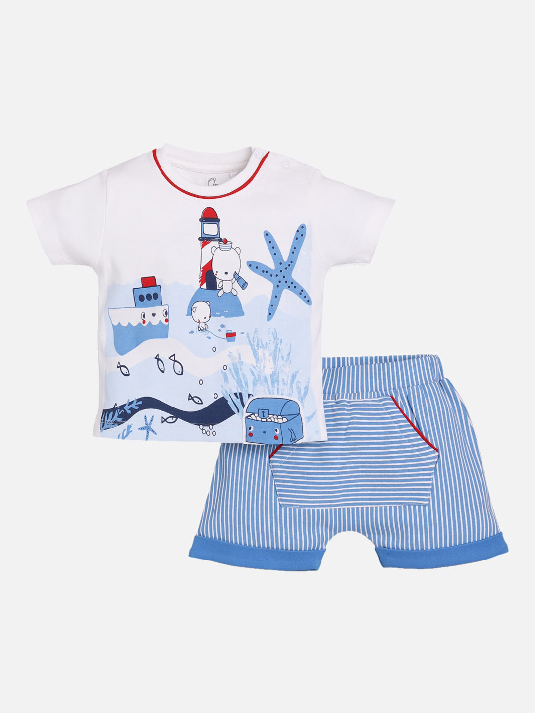 BABY GO Boys White & Blue Printed T-shirt with Shorts