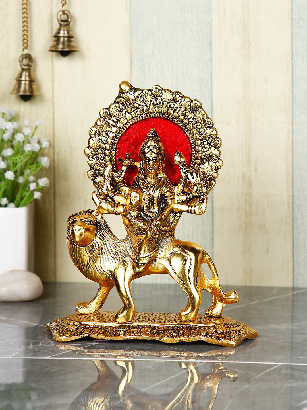 CraftVatika Durga Devi Maa Gold Metal Metallic Prayer Room Small Showpiece - 8 Inches