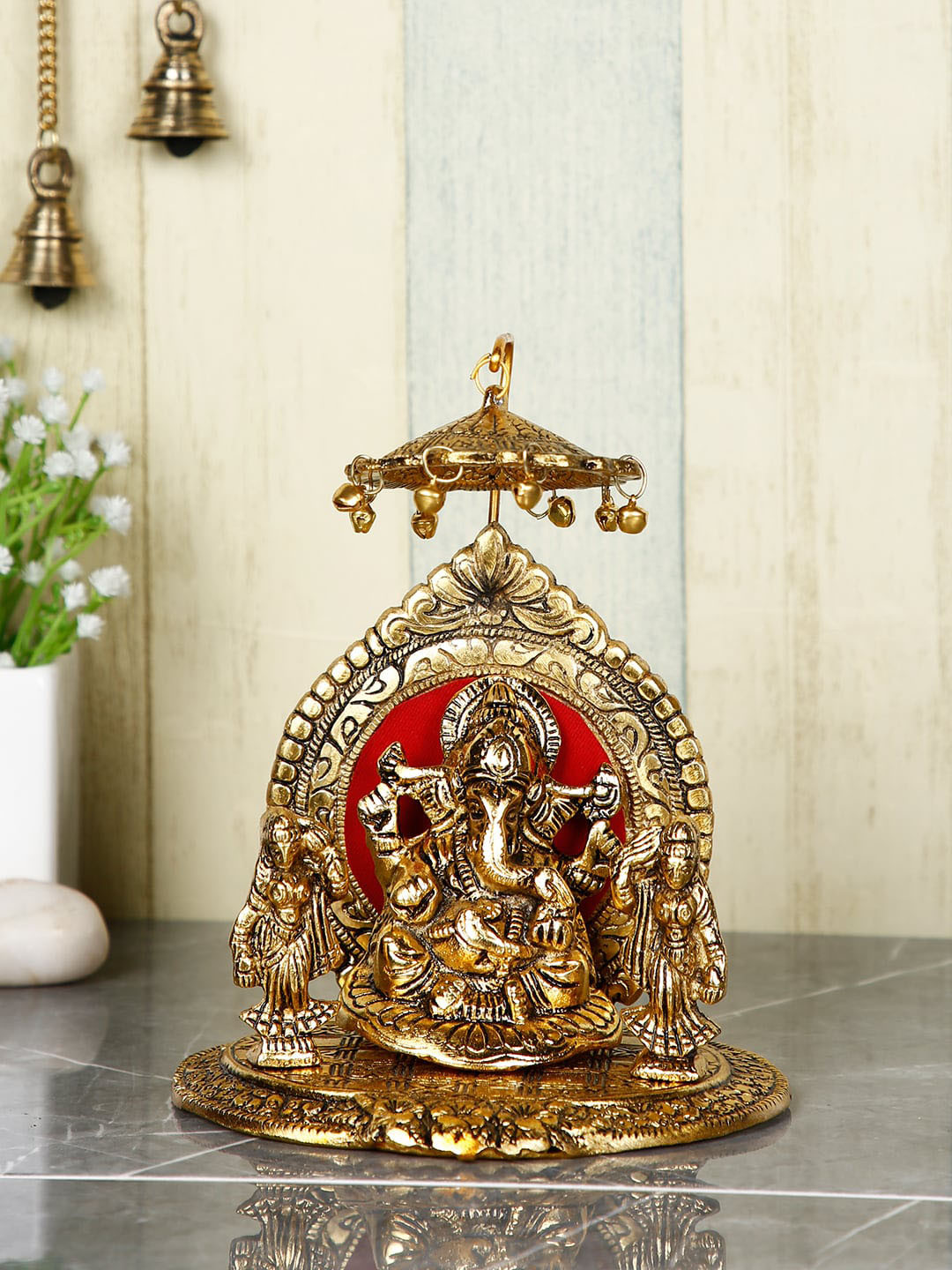 CraftVatika Lord Ganesha Riddhi Siddhi Chhatra Gold Aluminium Metallic Prayer Room Small Showpiece - 3.5 Inches