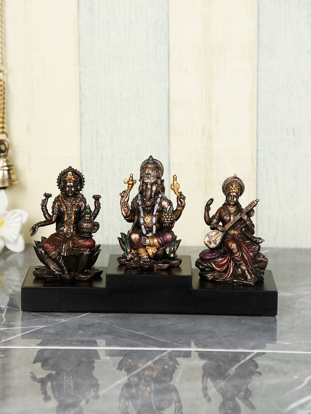 CraftVatika Goddess Laxmi Ganesha Saraswati Copper Resin Natural Prayer Room Medium Showpiece - 4.3 Inches