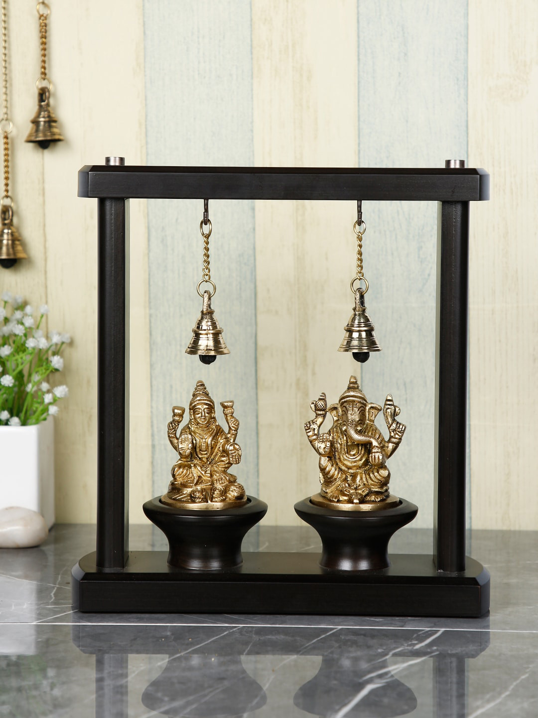 CraftVatika Laxmi Ganesh Gold Brass Metallic Living Room Medium Showpiece - 10.5 Inches