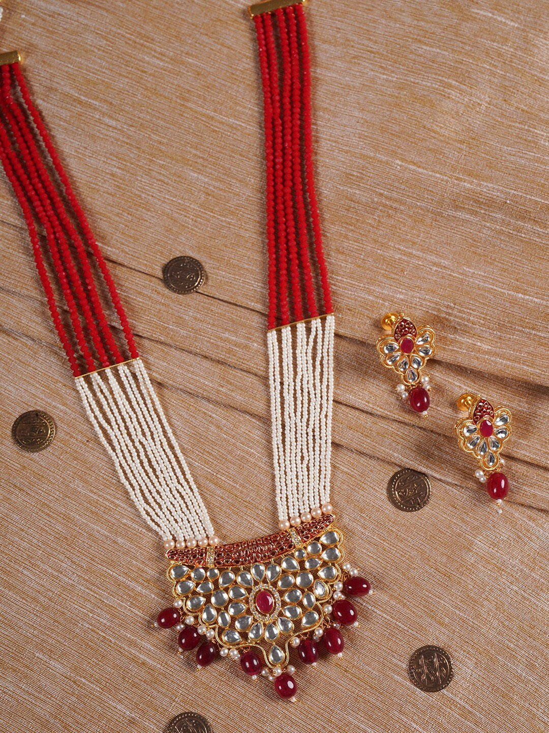 Shoshaa Gold-Plated Red & White Kundan Studded Beaded Handcrafted Jewellery Set