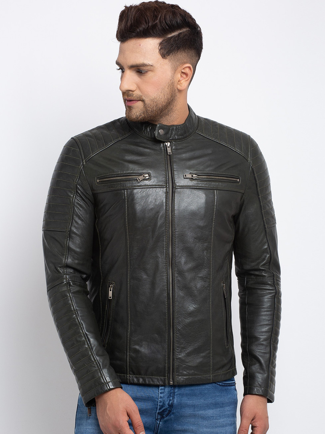 Teakwood Leathers Men Olive Green Striped Lightweight Biker Jacket