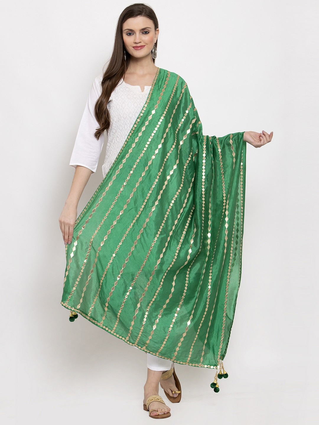 Clora Creation Green & Gold-Toned Gotta Patti Embroidered Dupatta