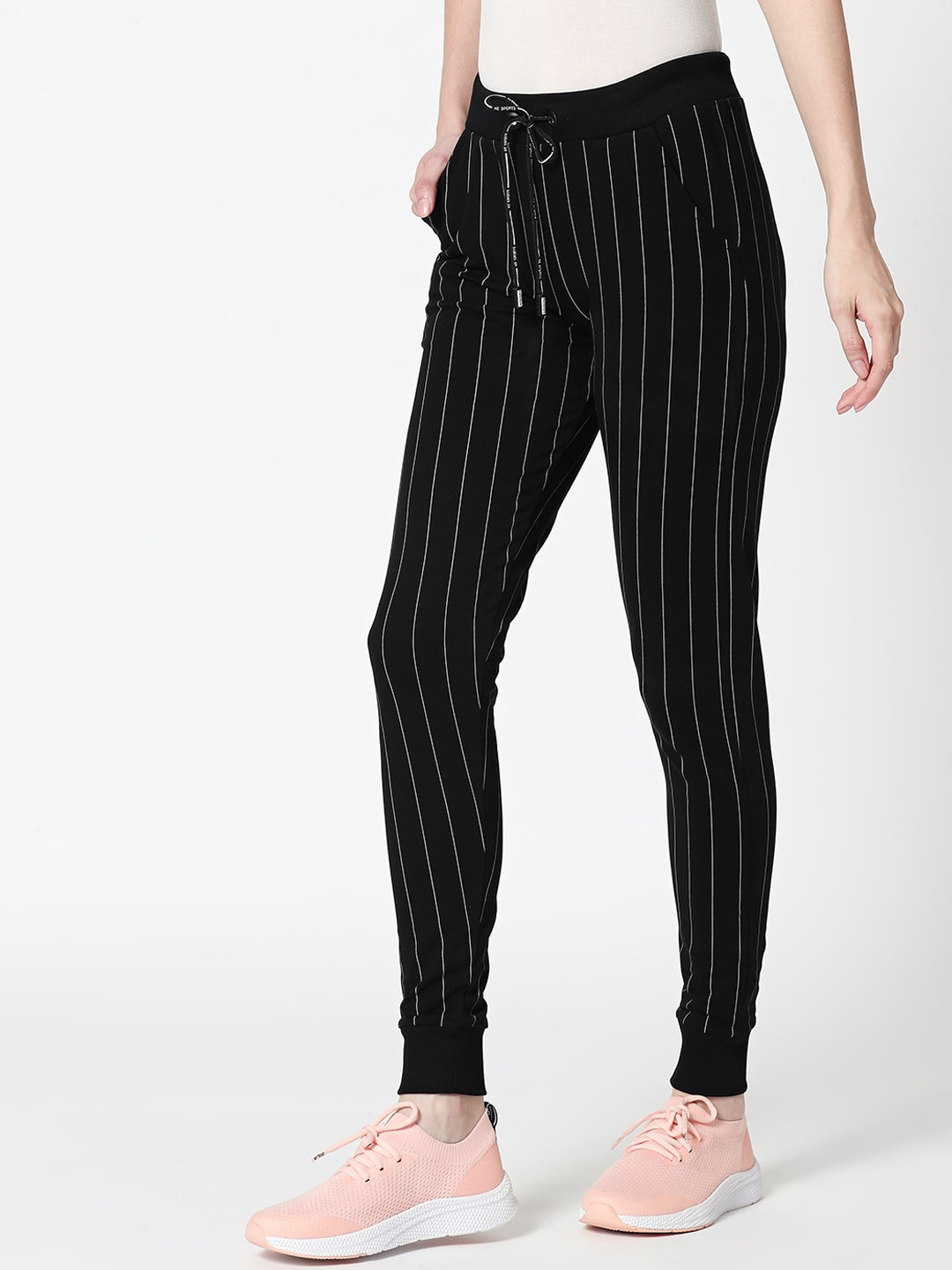 Zeyo Women Black & White Striped Slim-Fit Joggers