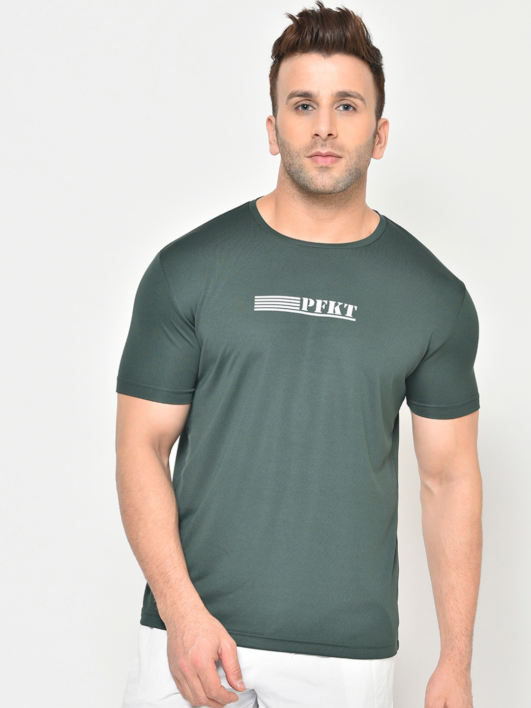 PERFKT-U Men Green Printed Hydra-Cool Antimicrobial Round Neck T-shirt