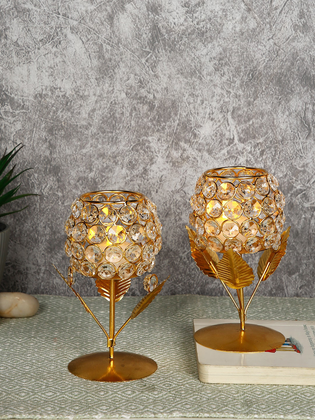 CraftVatika Tea Light Candle Holder Stand Votive Gold Crystal Glossy Living Room Lights Small Showpiece - 6 Inches
