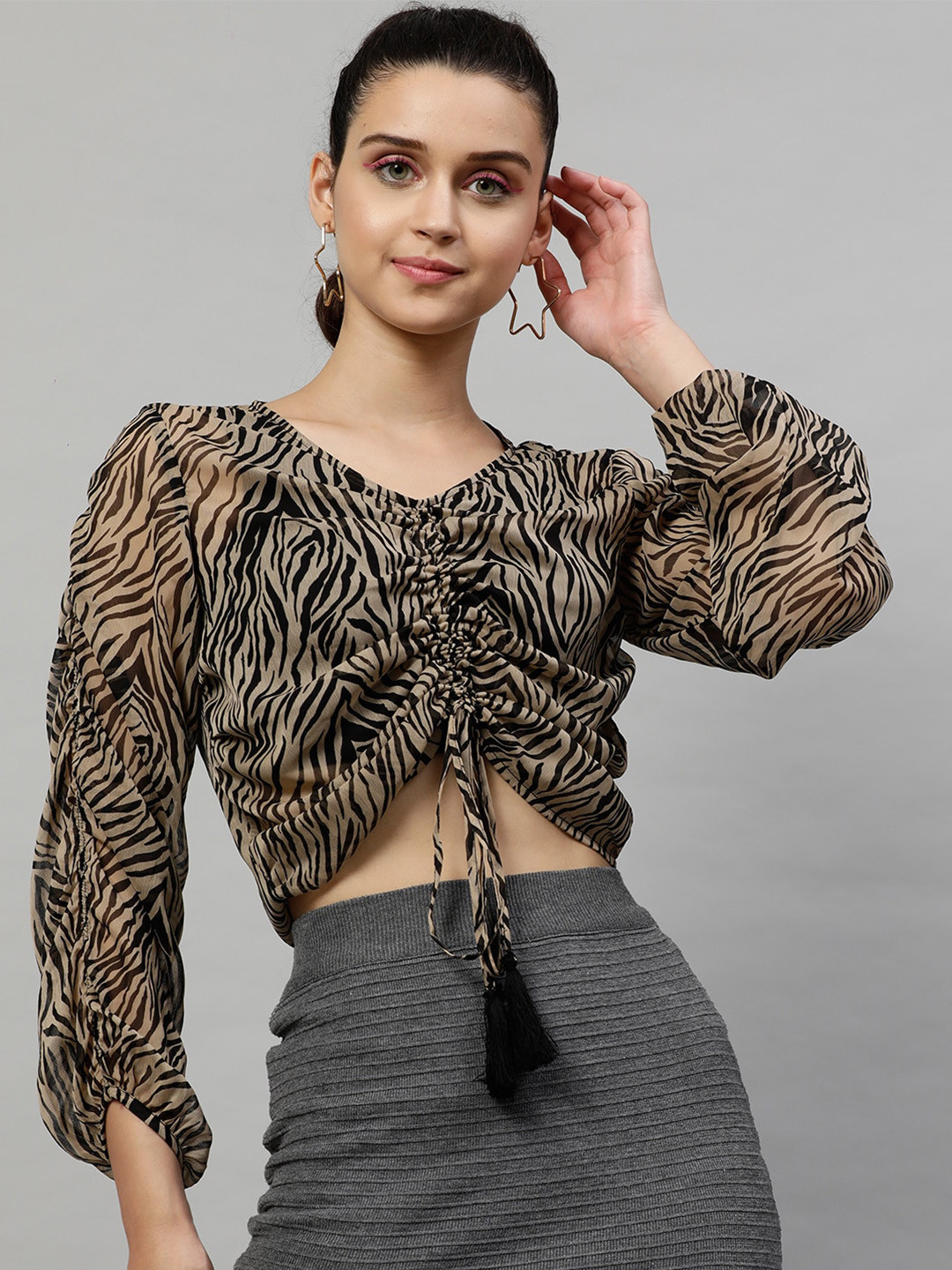 Street 9 Black & Beige Animal Printed Flared Sleeves Chiffon Blouson Crop Top
