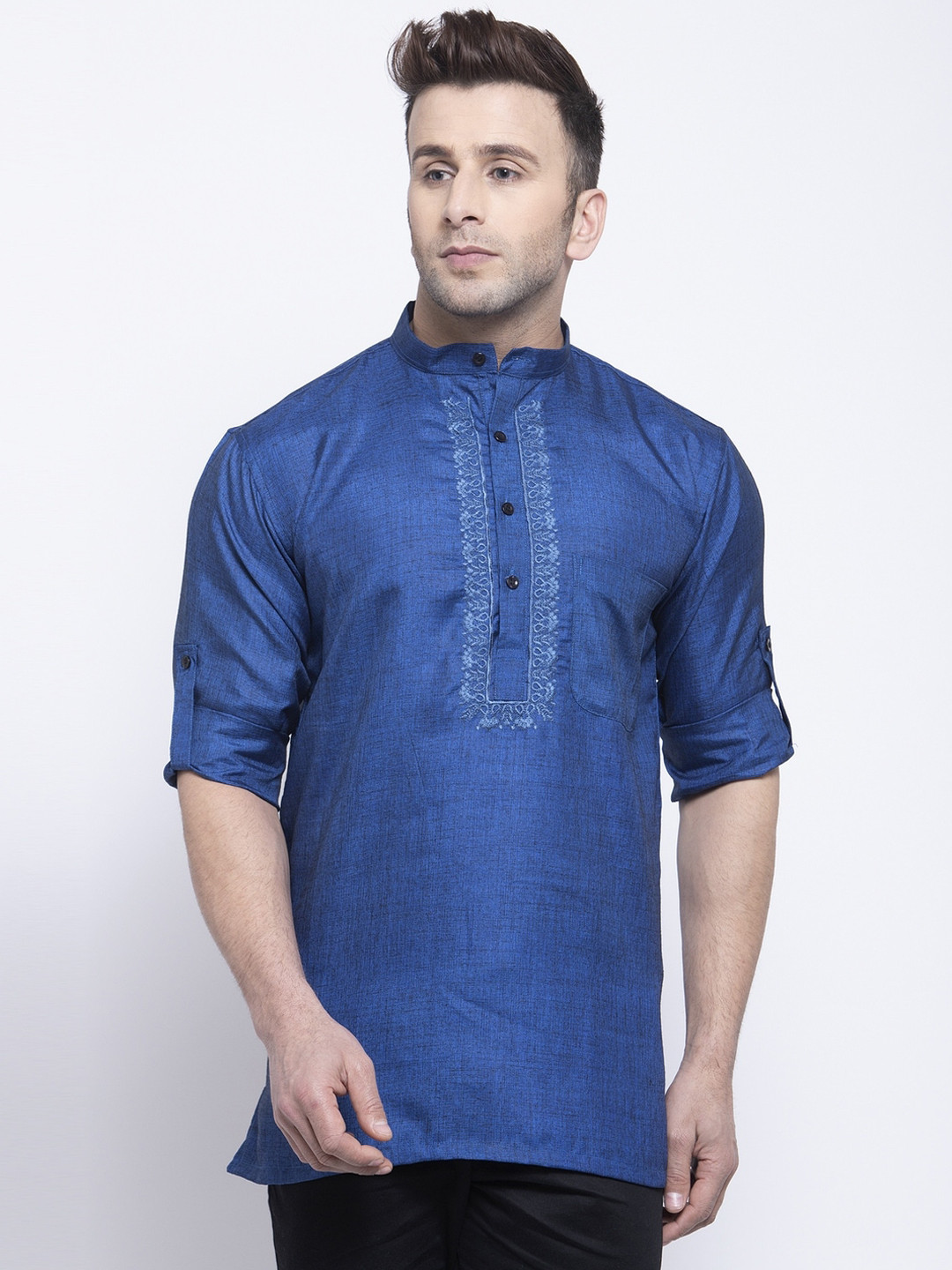 KLOTTHE Floral Yoke Design Mandarin Collar Roll Up Sleeves Thread Work Cotton Kurta