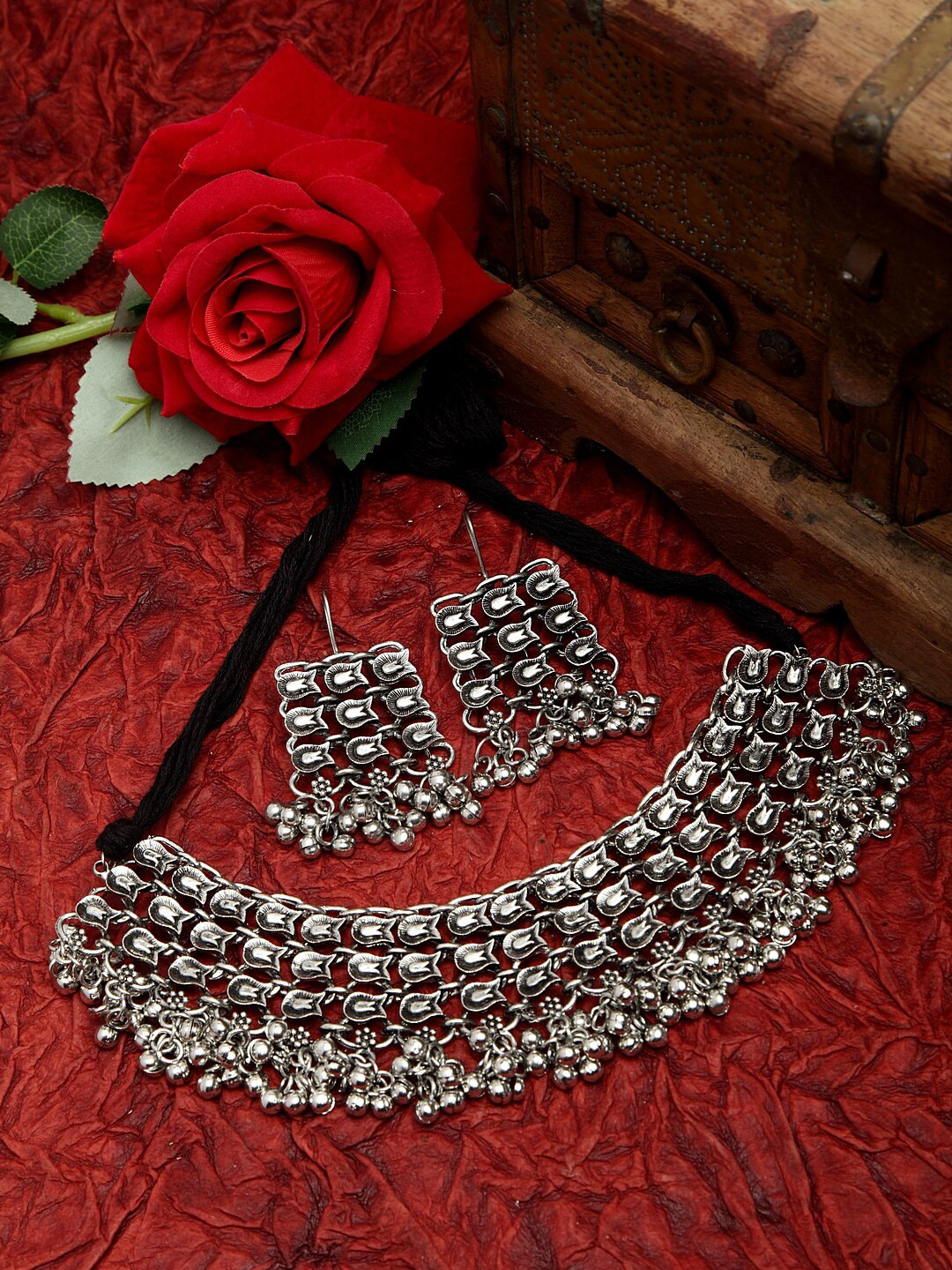 Moedbuille Beads Studded Filigree Work Oxidised Silver Plated Handcrafted Jewelry Set